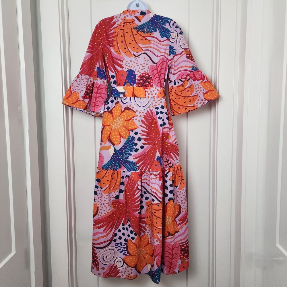 Farm Rio Tropical Print Belted Midi Dress M Pink Orange Bell Sleeve Resortwear - Picture 3 of 16